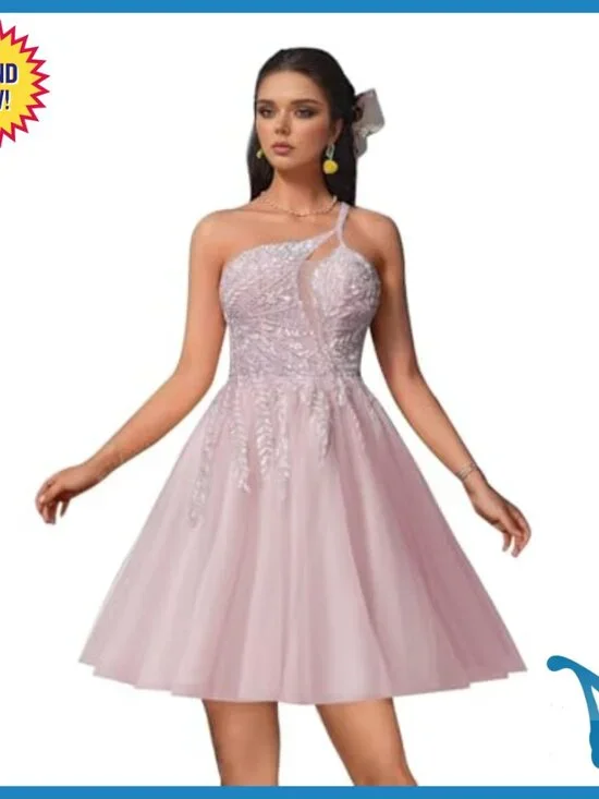 One Shoulder Beaded Tulle Prom Dress with Pockets A Line Formal - Picture 4 of 7